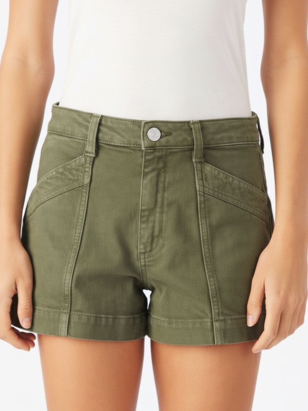 AMO Denim Rebecca High Rise Utility Shorts Kelp Green Size 28